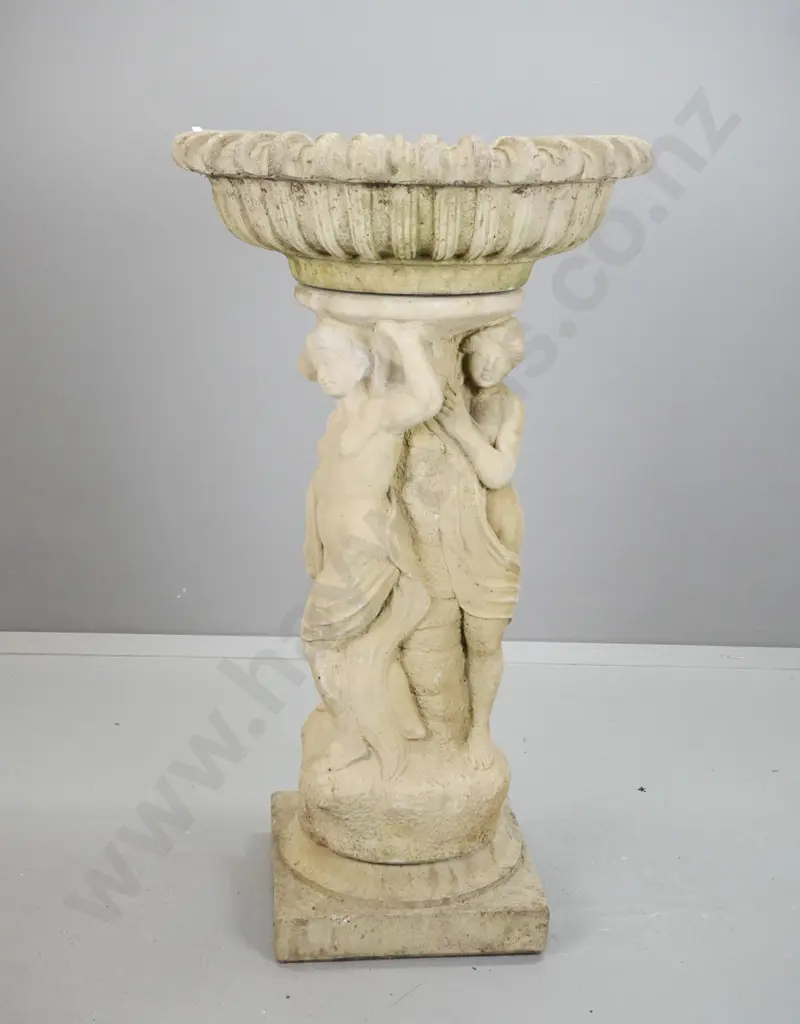 3-piece cast concrete classical style figural fountain / bird bath with square base, 3 graces holding fluted bowl H-1150 Image 1++
