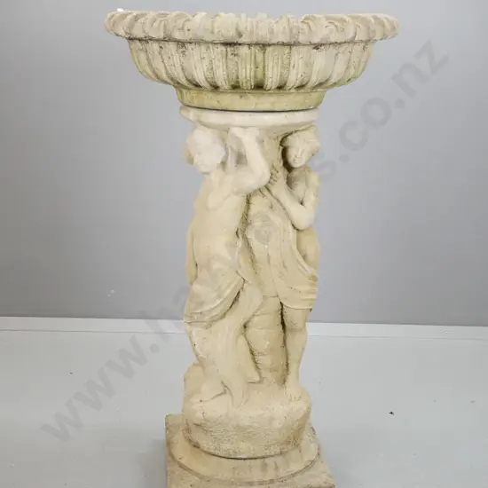 3-piece cast concrete classical style figural fountain / bird bath with square base, 3 graces holding fluted bowl H-1150