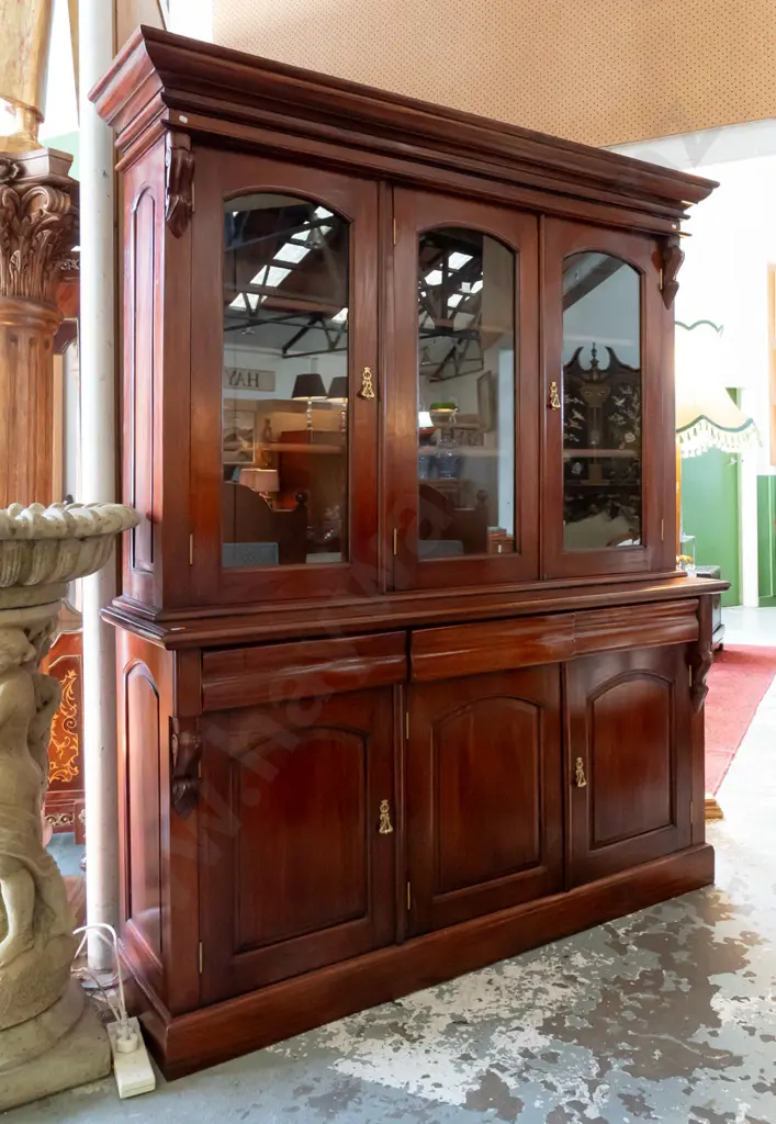 reproduction Victorian style mahogany large glazed bookcase - top with 3 arched doors, 2 shelves, base with 3 shaped Image 1++
