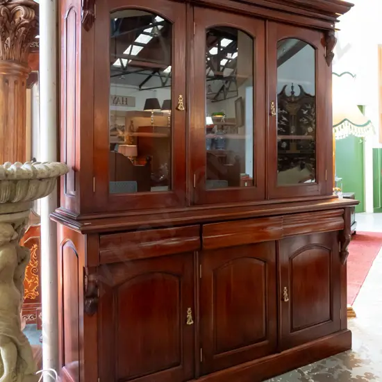 reproduction Victorian style mahogany large glazed bookcase - top with 3 arched doors, 2 shelves, base with 3 shaped