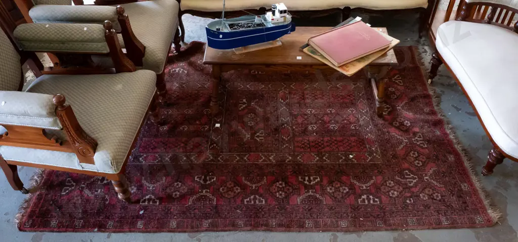 hand-knotted wool tribal floor rug in black, red, brown and orange - some wear to fringe, minor fading L-2300 W-1610 Image 1++