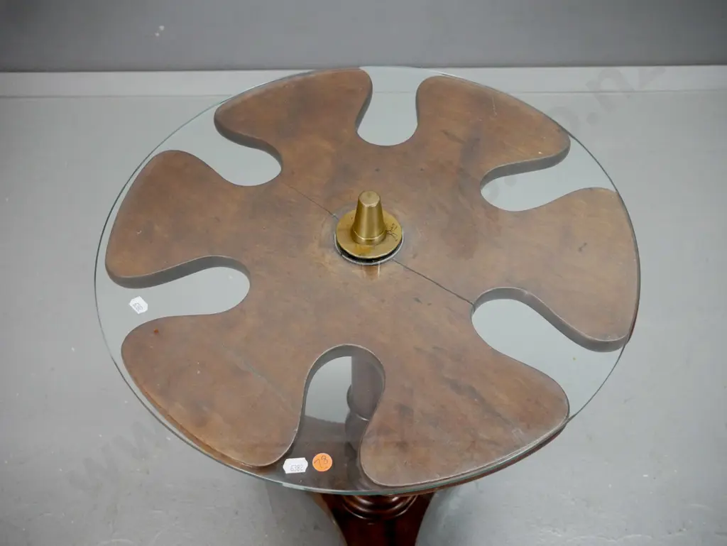 Victorian mahogany riding boot stand with revolving top, converted to table with glass top, turned column on tri foil Image 1++