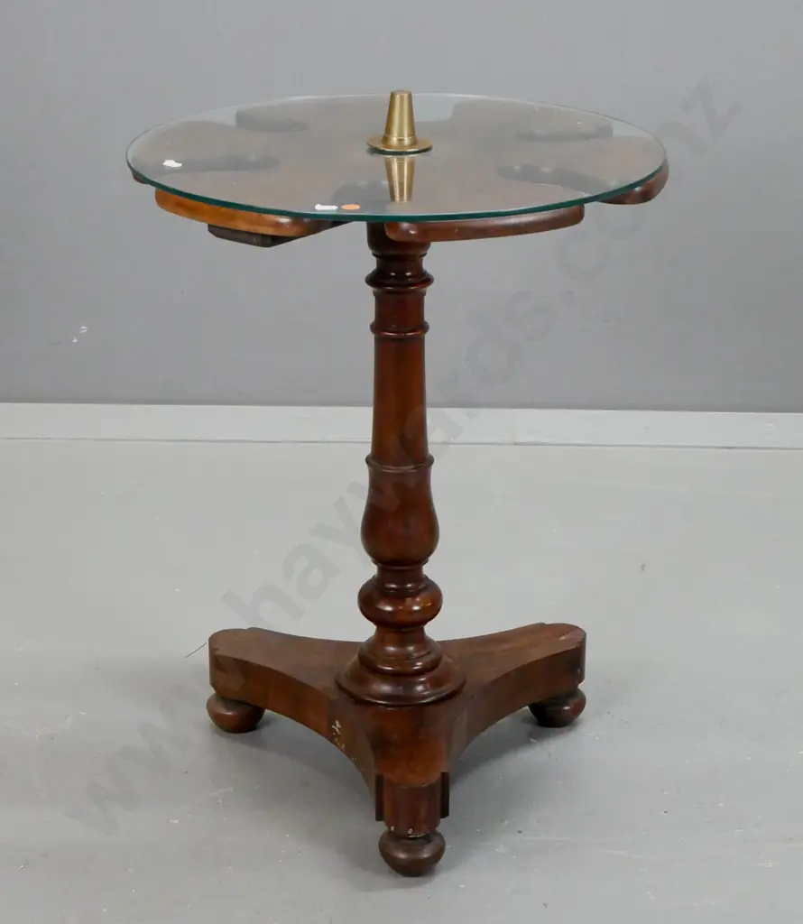 Victorian mahogany riding boot stand with revolving top, converted to table with glass top, turned column on tri foil Image 1++