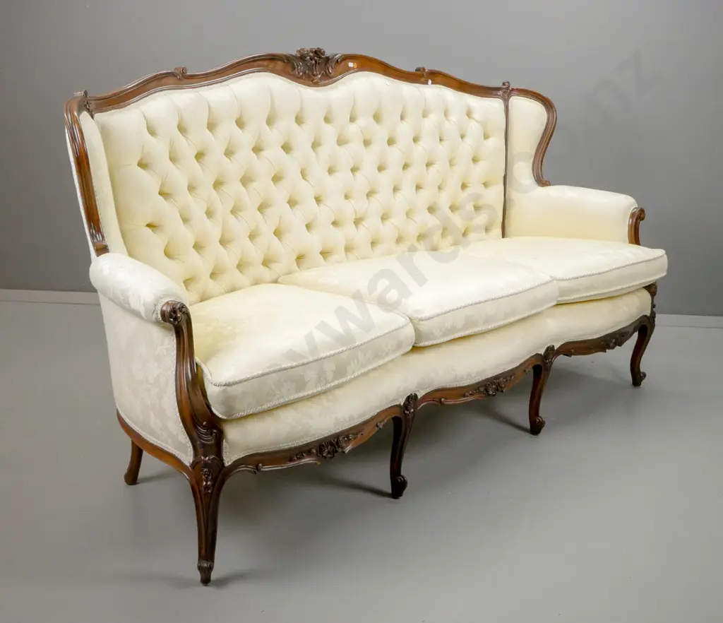 vintage French style walnut settee with shaped and carved back, serpentine front, carved frieze & 4 front cab legs, deep Image 1++
