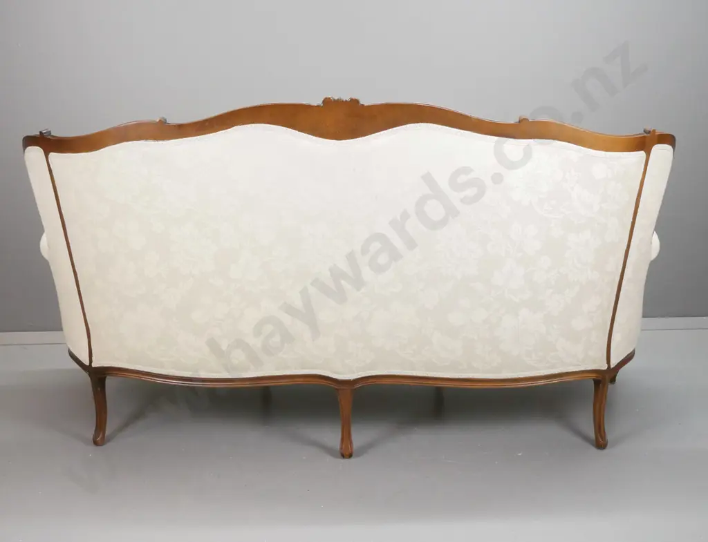 vintage French style walnut settee with shaped and carved back, serpentine front, carved frieze & 4 front cab legs, deep Image 1++