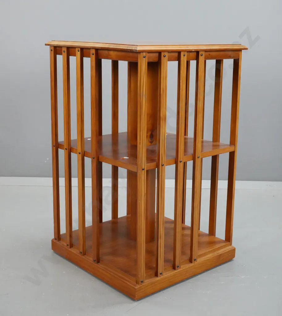pine revolving open shelf with slat sides - rotating base is stiff, has scratches on top H-800 W-500 D-500 Image 1++