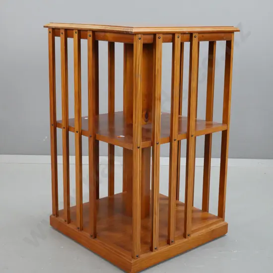 pine revolving open shelf with slat sides - rotating base is stiff, has scratches on top H-800 W-500 D-500