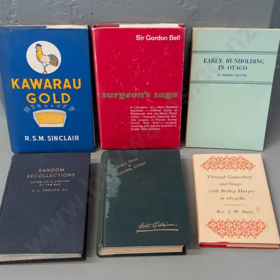 6 New Zealand books - Herries Beattie, Gilkin, other Otago and Canterbury subjects - some staining and musty smell