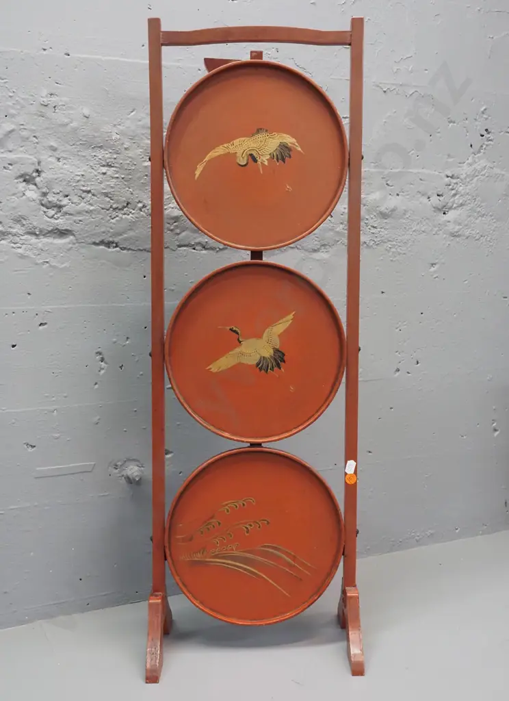 3-tier folding plate rack / stand with lacquer and gilt decorated plate shelves - crane and flower motifs - some wear Image 1++