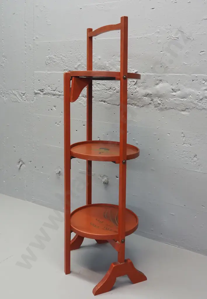 3-tier folding plate rack / stand with lacquer and gilt decorated plate shelves - crane and flower motifs - some wear Image 1++