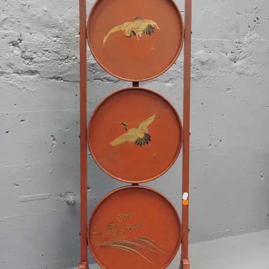 3-tier folding plate rack / stand with lacquer and gilt decorated plate shelves - crane and flower motifs - some wear