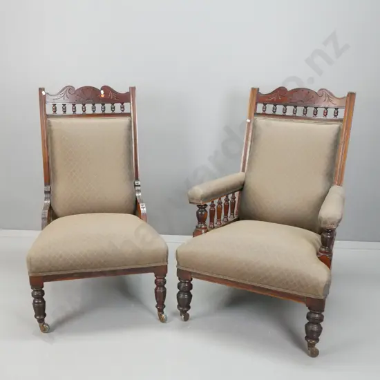 lady's and gent's pair of Edwardian kauri & rimu chairs with shaped & carved back crest, turned spindle back and arms,