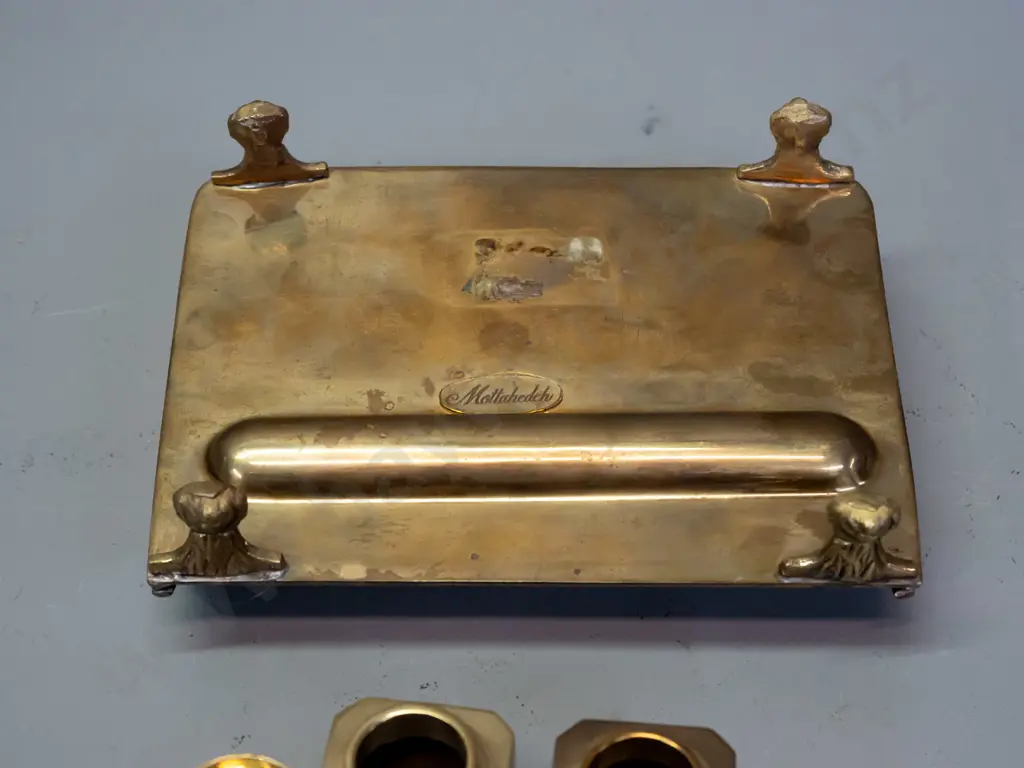 small all-brass inkwell set w/ shaped pierced gallery, claw & ball feet, 2 lidded ink canisters, base marked Mottahedeh Image 1++