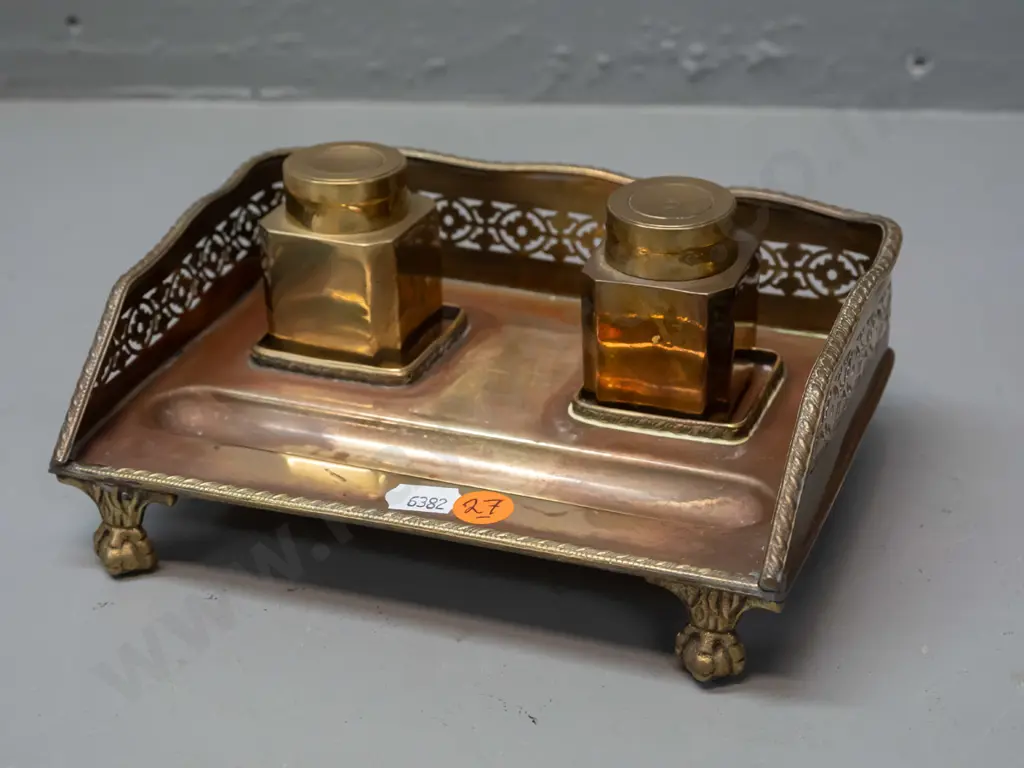 small all-brass inkwell set w/ shaped pierced gallery, claw & ball feet, 2 lidded ink canisters, base marked Mottahedeh Image 1++