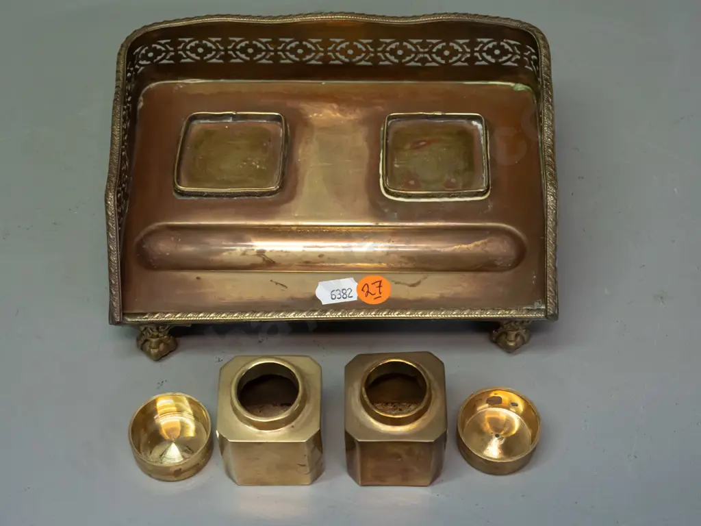 small all-brass inkwell set w/ shaped pierced gallery, claw & ball feet, 2 lidded ink canisters, base marked Mottahedeh Image 1++