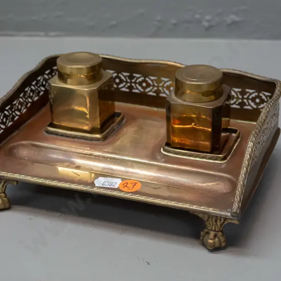 small all-brass inkwell set w/ shaped pierced gallery, claw & ball feet, 2 lidded ink canisters, base marked Mottahedeh