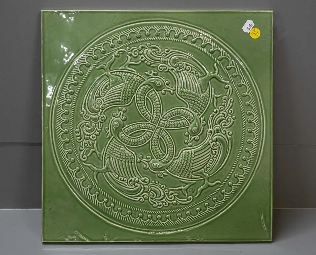 large green ceramic tile with intertwined mythical birds - Marcus Wainwright marks, dated 2008 on back 310x310 Image 1++