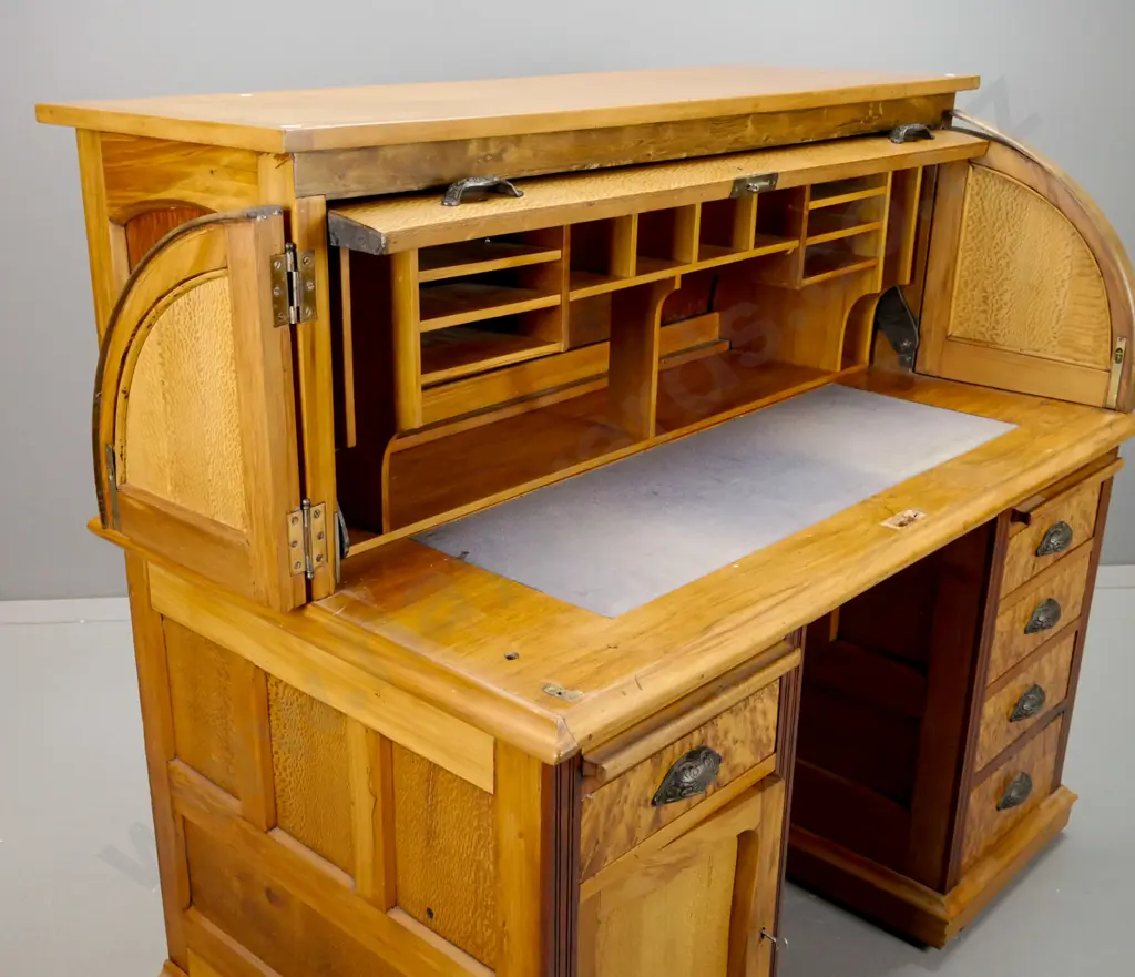 colonial rimu, rewa-rewa and mottled kauri double pedestal cylinder top desk with drawer front, hinged side panels, 5 Image 1++