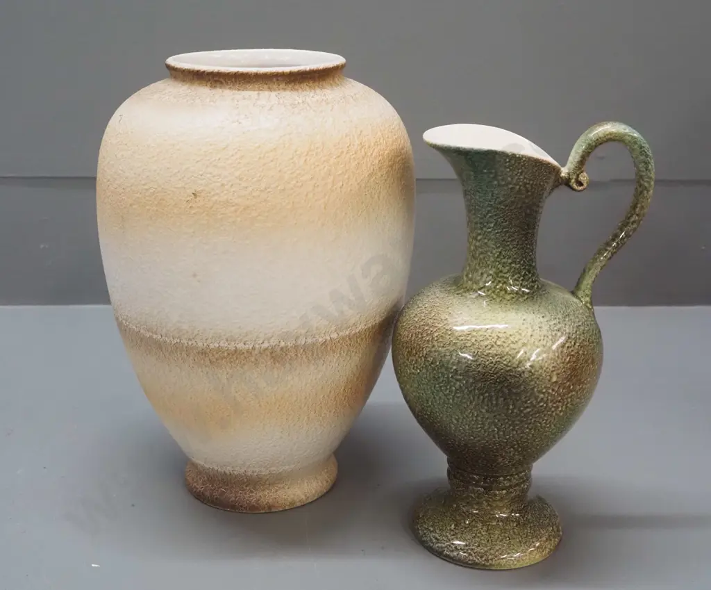 2 (New Zealand?) pottery vases - jug marked PJ.101 and satin glaze vase H-240, marked KV.103. Image 1++