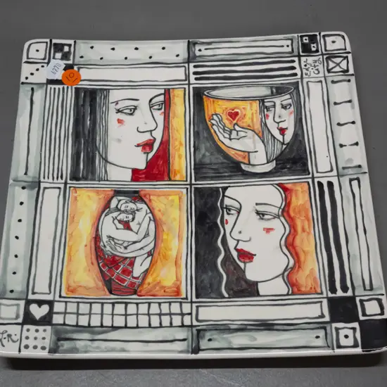 Louise Rive / Edge City NZ studio pottery hand painted square platter 240 x 240