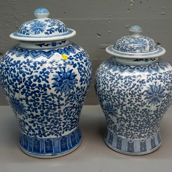 2 Chinese blue & white lidded temple jars - larger one is H-380 D-240