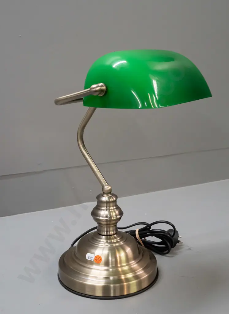 reproduction banker's lamp with brushed metal base and green glass shade - touch lamp. H-400 W-270 Image 1++