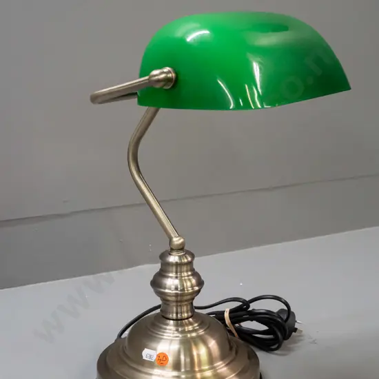 reproduction banker's lamp with brushed metal base and green glass shade - touch lamp. H-400 W-270