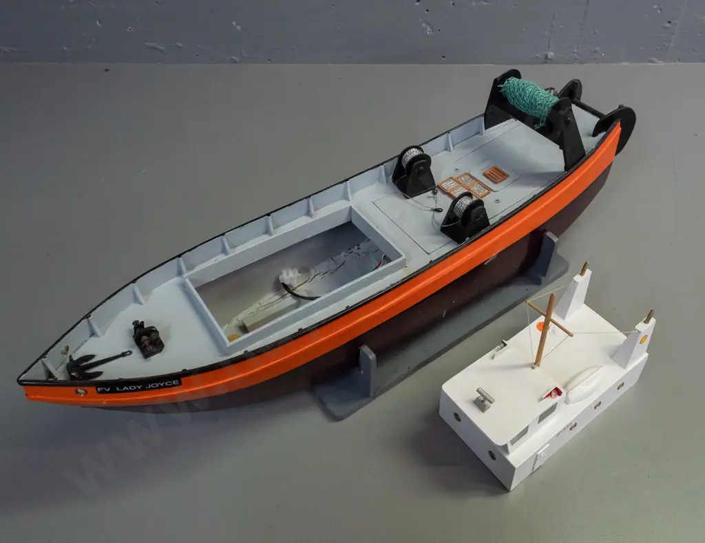 large motorised model boat - fishing trawler, marked VF Lady Joyce, motor untested. On stand H-350 L-730. Image 1++