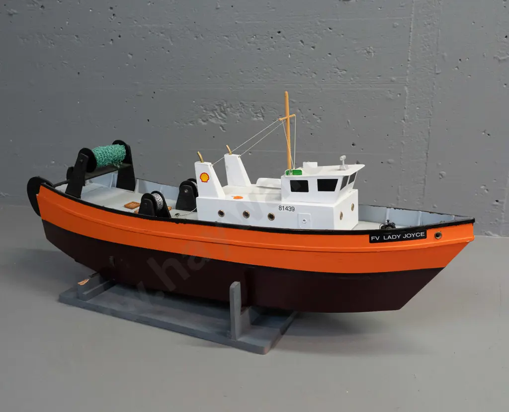 large motorised model boat - fishing trawler, marked VF Lady Joyce, motor untested. On stand H-350 L-730. Image 1++