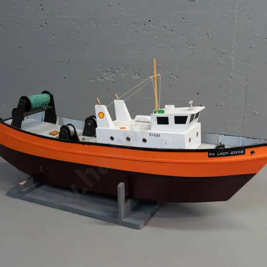 large motorised model boat - fishing trawler, marked VF Lady Joyce, motor untested. On stand H-350 L-730.