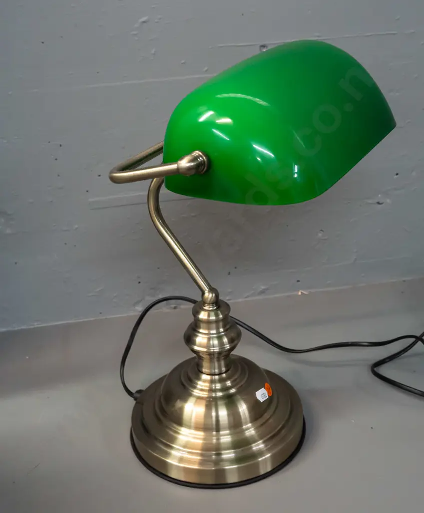 reproduction banker's lamp with brushed metal base and green glass shade - touch lamp H-400 W-270 Image 1++
