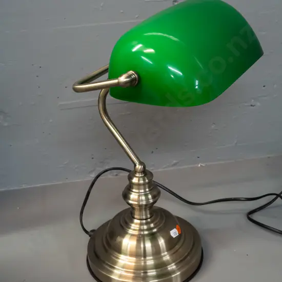 reproduction banker's lamp with brushed metal base and green glass shade - touch lamp H-400 W-270