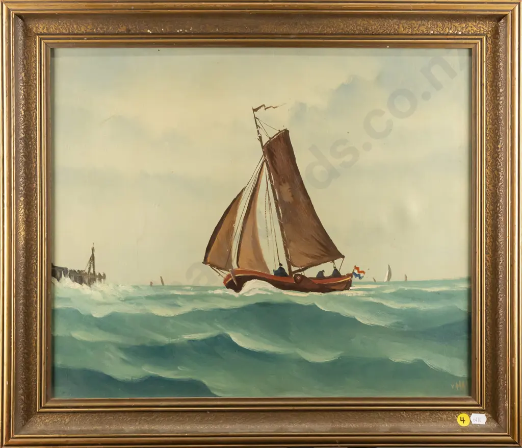 illegible signature - on canvas - sailing boat H390 W460 (very slight age damage) Image 1++