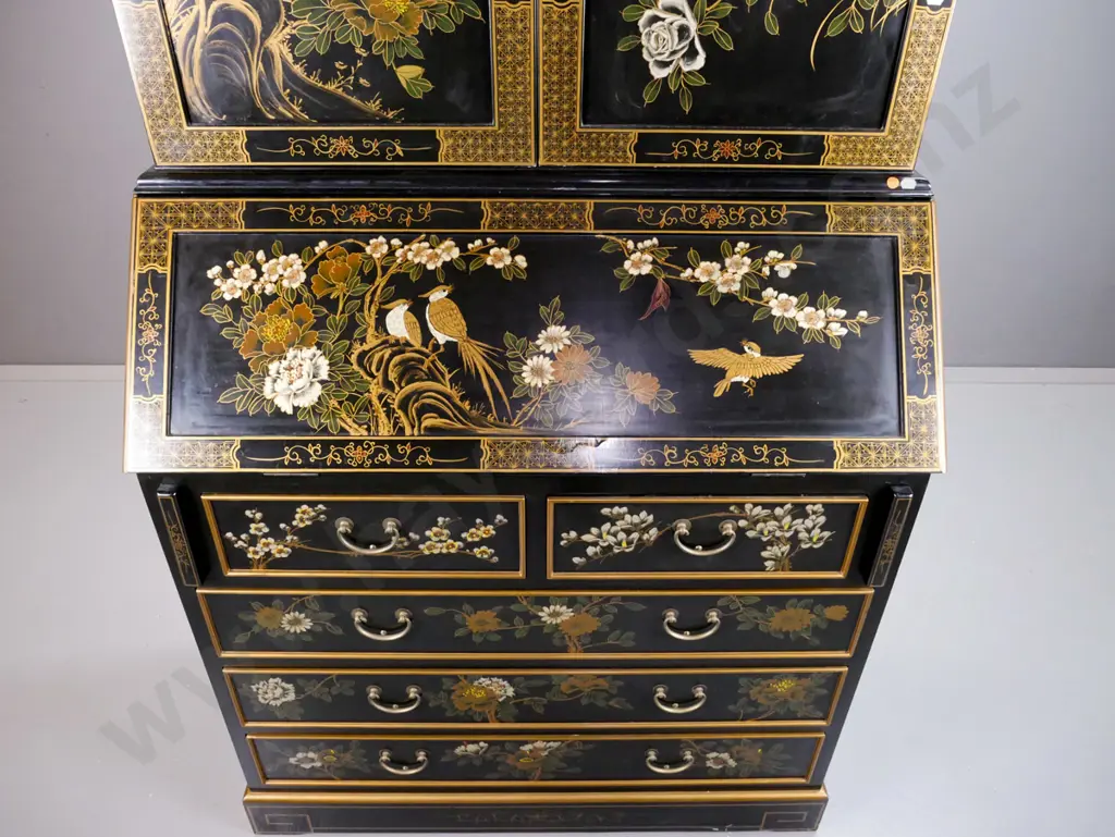 black lacquer asian 2-piece bureau with 2-door cupboard top with swan neck pediment, arched cupboard doors, stepped Image 1++