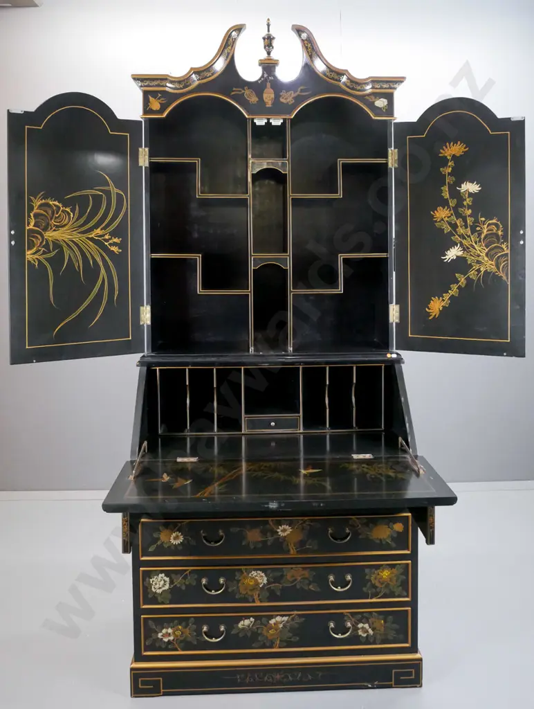 black lacquer asian 2-piece bureau with 2-door cupboard top with swan neck pediment, arched cupboard doors, stepped Image 1++