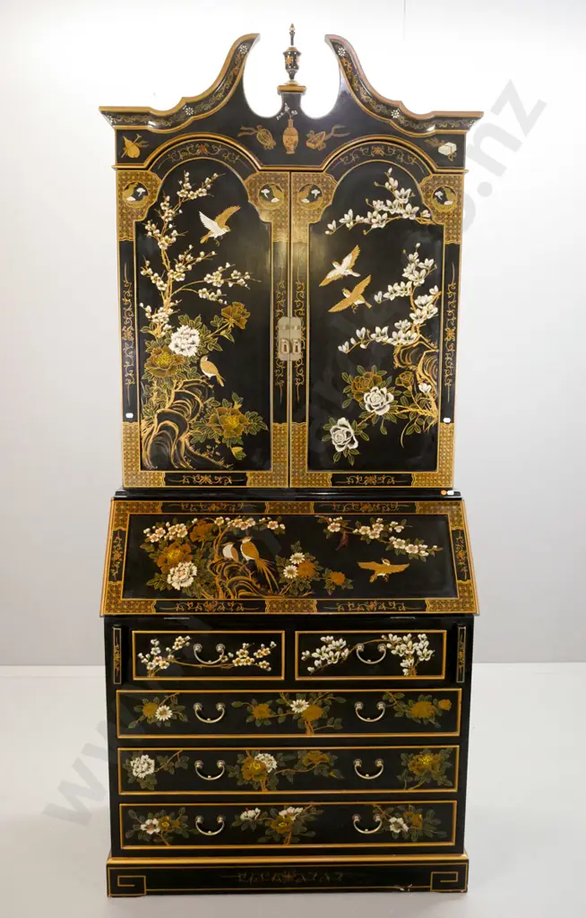 black lacquer asian 2-piece bureau with 2-door cupboard top with swan neck pediment, arched cupboard doors, stepped Image 1++