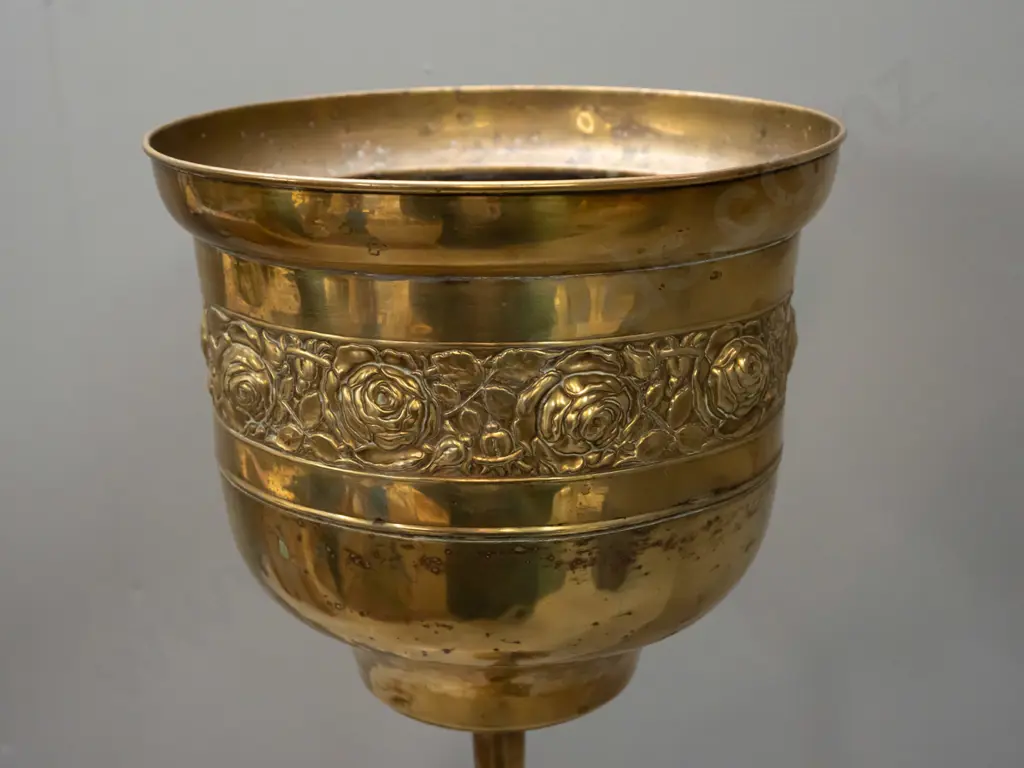 vintage beaten brass jardiniere with floral bands, on crimped column with circular base - some dents and discolouration Image 1++