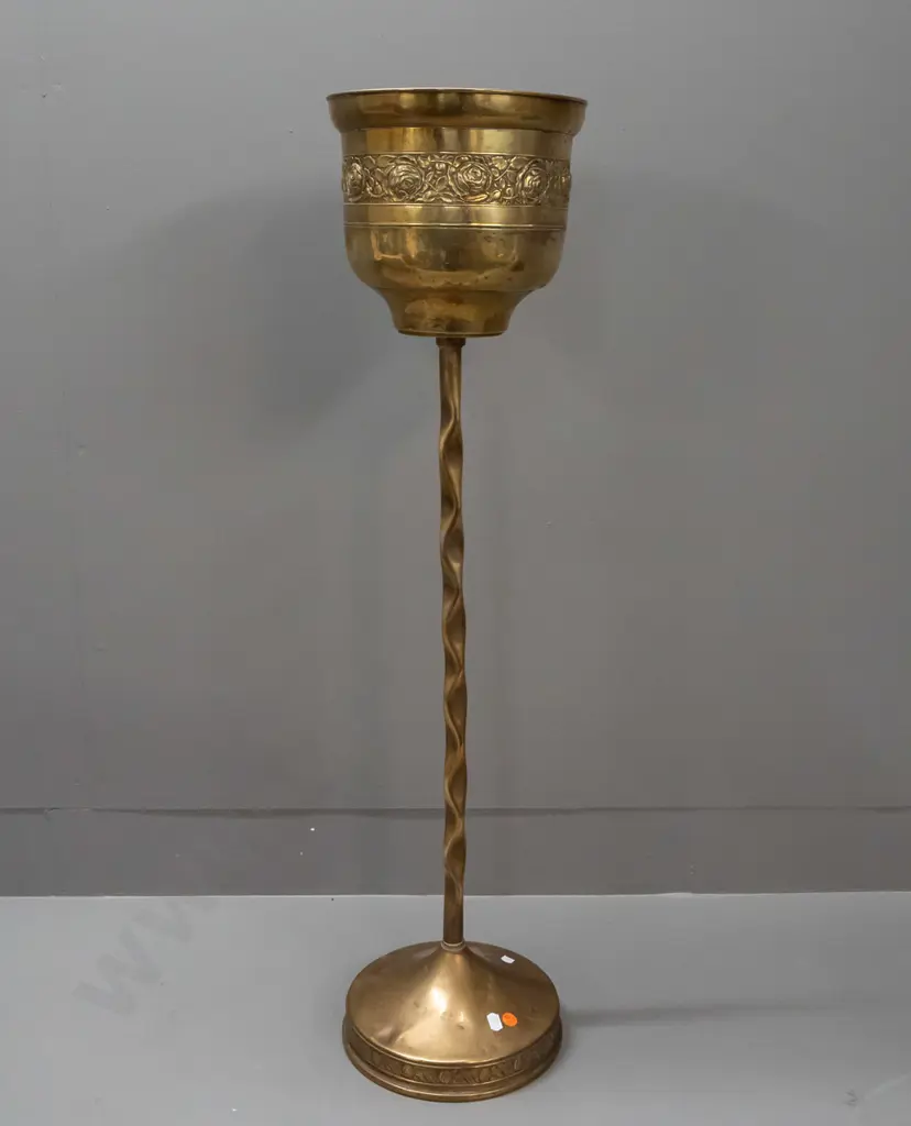 vintage beaten brass jardiniere with floral bands, on crimped column with circular base - some dents and discolouration Image 1++