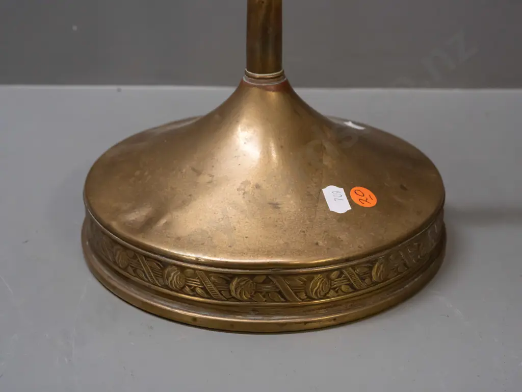 vintage beaten brass jardiniere with floral bands, on crimped column with circular base - some dents and discolouration Image 1++