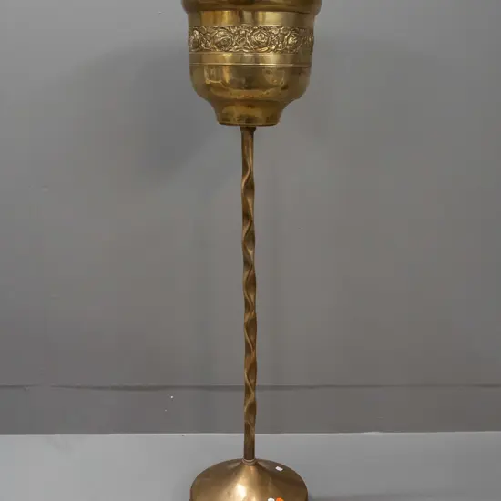 vintage beaten brass jardiniere with floral bands, on crimped column with circular base - some dents and discolouration