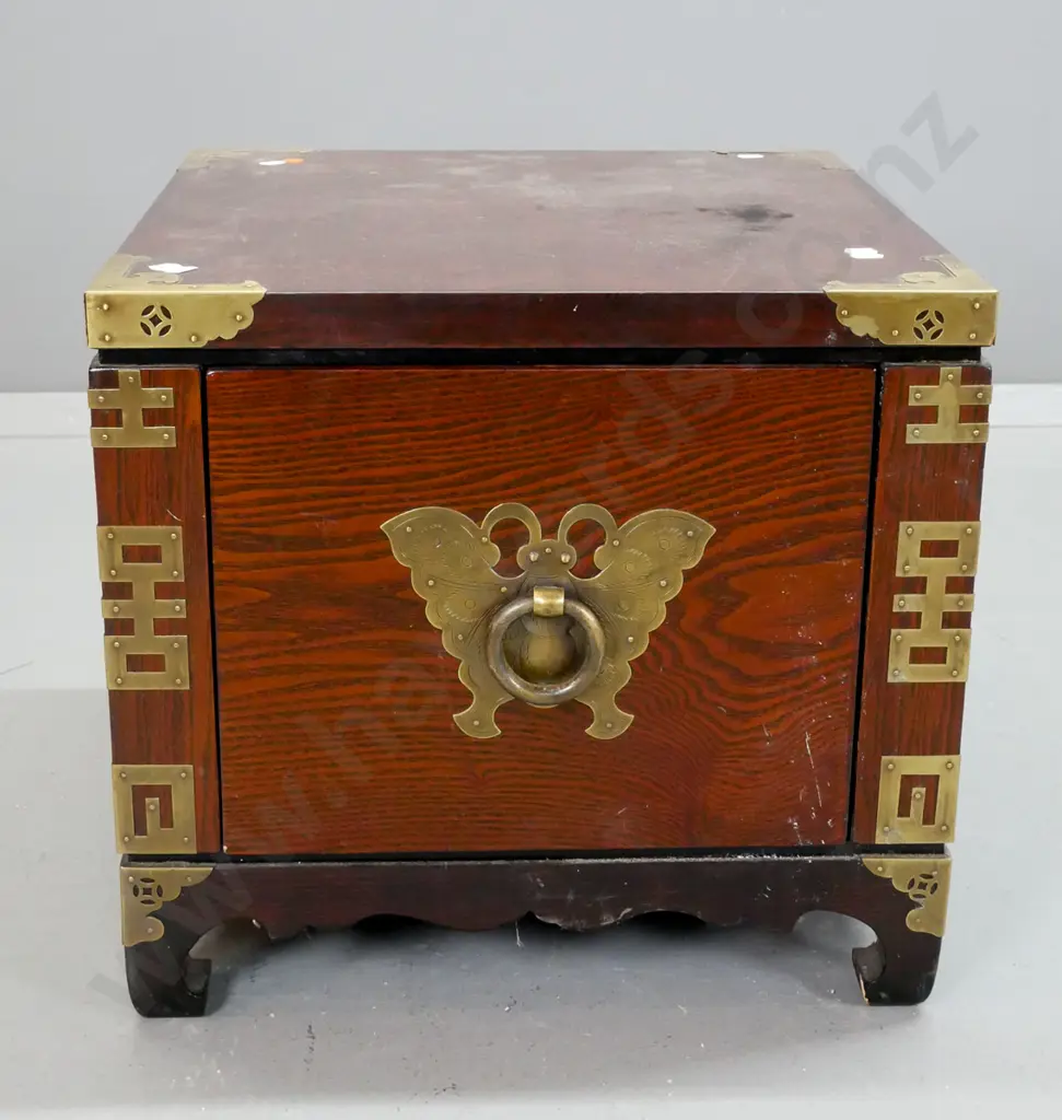 small Korean single drawer cabinet with pierced brass corners and decoration, ring handle with moth motif back plate, Image 1++