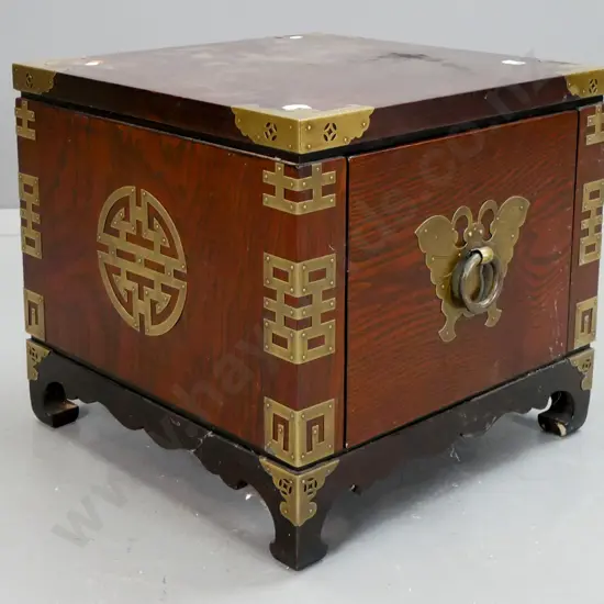 small Korean single drawer cabinet with pierced brass corners and decoration, ring handle with moth motif back plate,