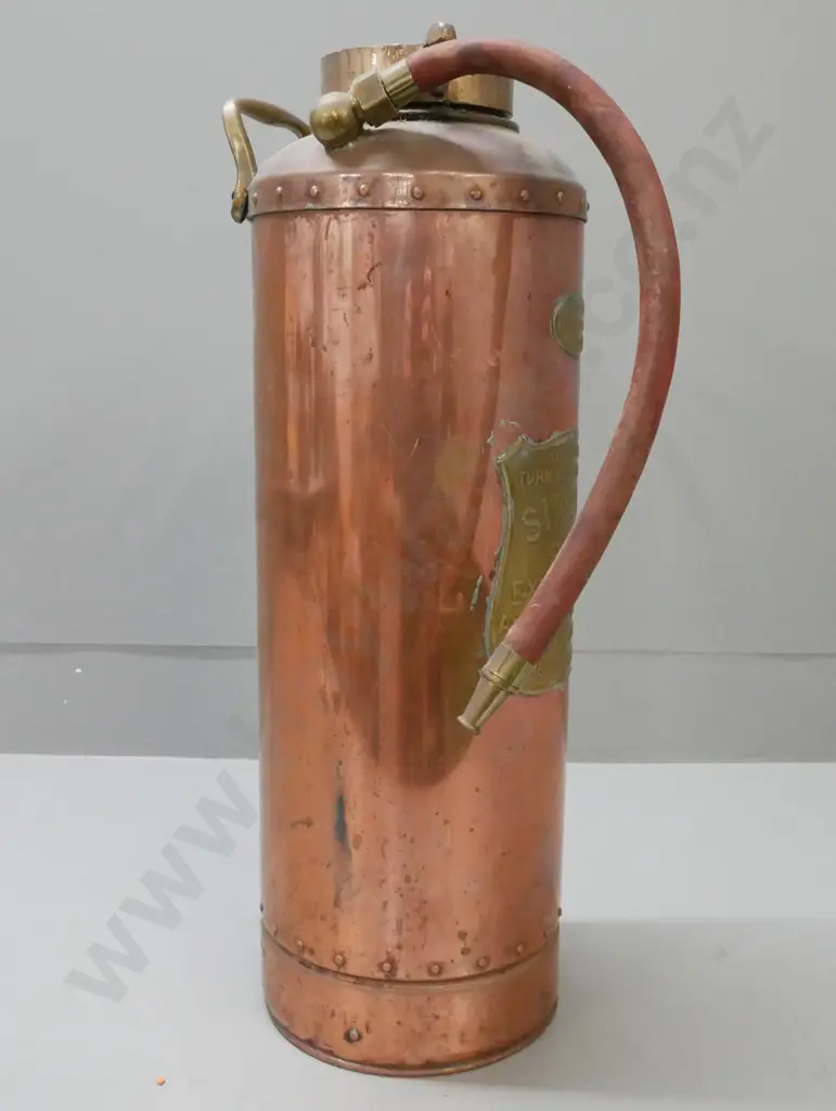 Vintage copper fire extinguisher with brass handle, fittings and plaque. Simplex Arthur D Reilly & Co. 1926 Image 1++