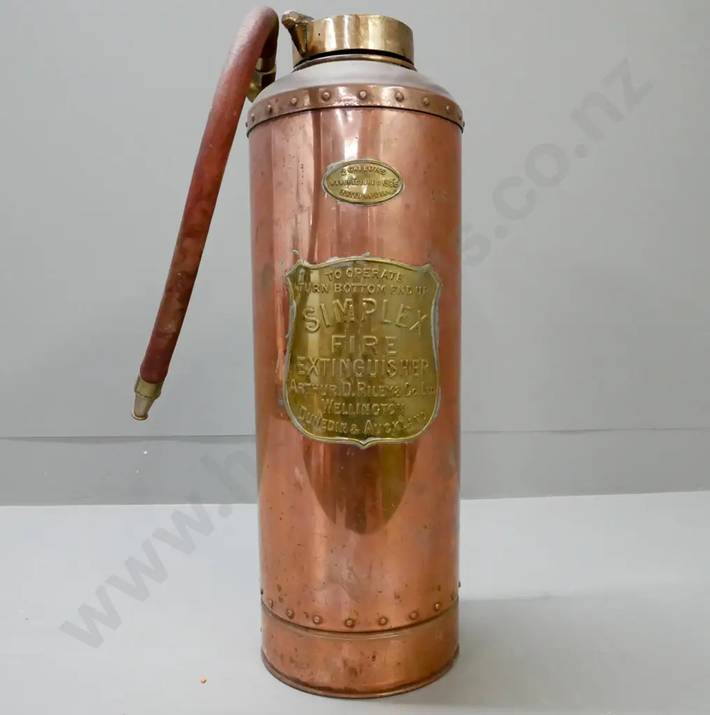 Vintage copper fire extinguisher with brass handle, fittings and plaque. Simplex Arthur D Reilly & Co. 1926 Image 1++
