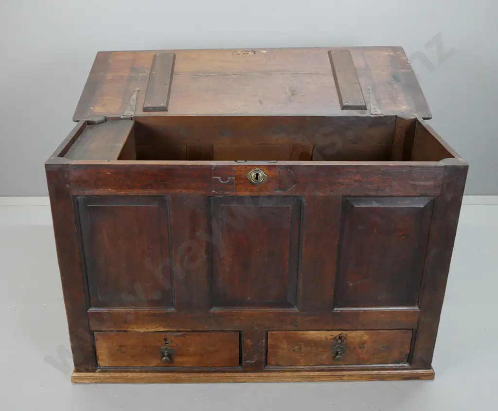 early Georgian English oak mule chest with lift up lid, original hinges, small internal document or candle box, panelled Image 1++