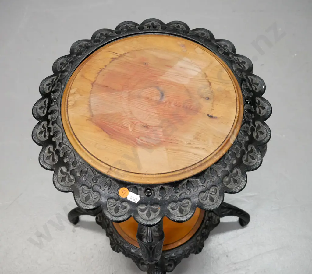 cast iron black painted 2 tier conservatory table or plant stand - stains and marks to pine inserts H-600 D-380 Image 1++