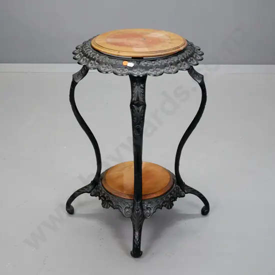 cast iron black painted 2 tier conservatory table or plant stand - stains and marks to pine inserts H-600 D-380