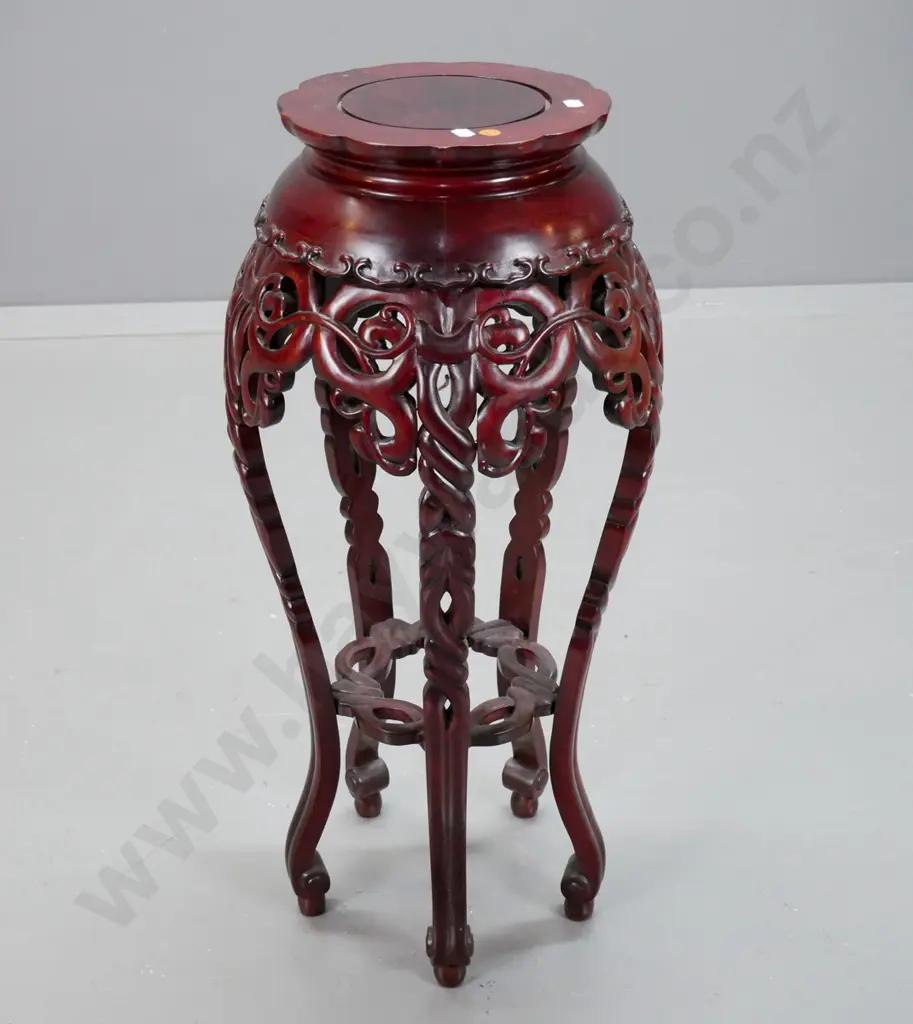 Chinese hardwood vase stand with pierced and carved foliate decoration, 5 scrolling legs H-690 top is D-230 Image 1++