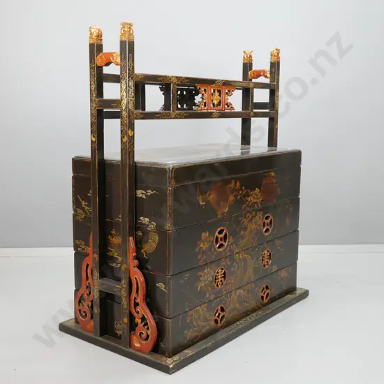 19th century Chinese black lacquer wedding basket / chest - 4 sections with lift-off lid, red laquer and gilded brackets