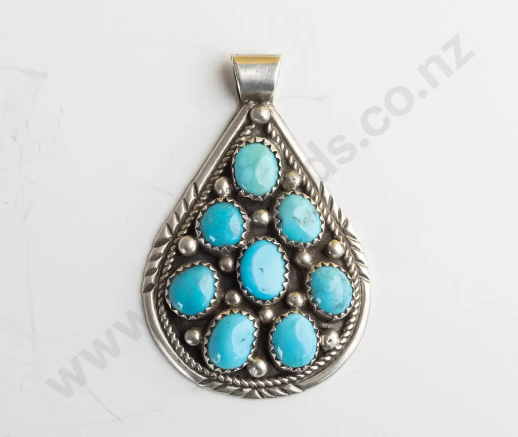 silver turquoise pendant stamped sterling no chain Image 1++